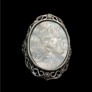 Vintage-Inspired Genuine Mother Pearl Unicorn Cameo Adjustable Ornate Ring